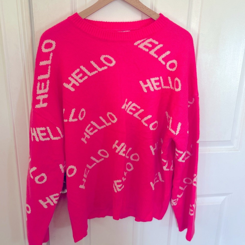 Korean Brand Unico Knit Bright Pink “Hello” Oversized sweater. Size Large